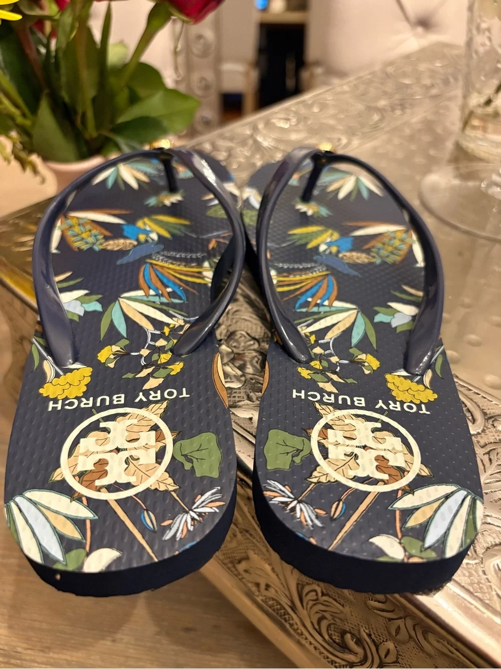 New Tory Burch Navy Floral Flip Flops with Gold Logo $100
